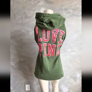 Vtg Victoria's Secret PINK Hoodie Sweatshirt Olive Green Satin Lettering Sz S